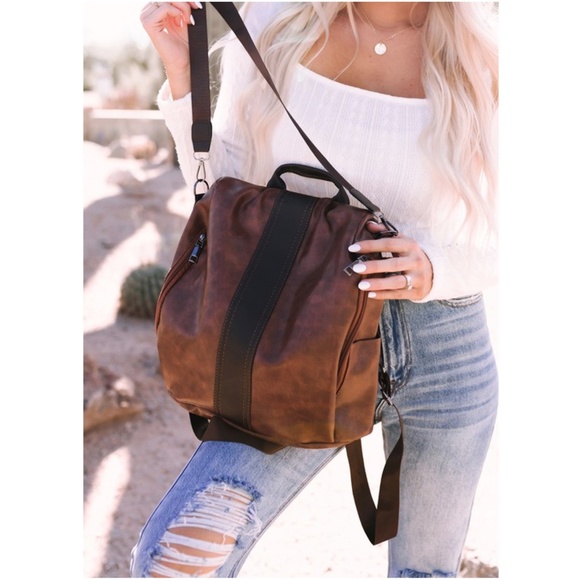 Luxe Brown Vegan leather Zipper Mini Back Pack - Picture 2 of 7